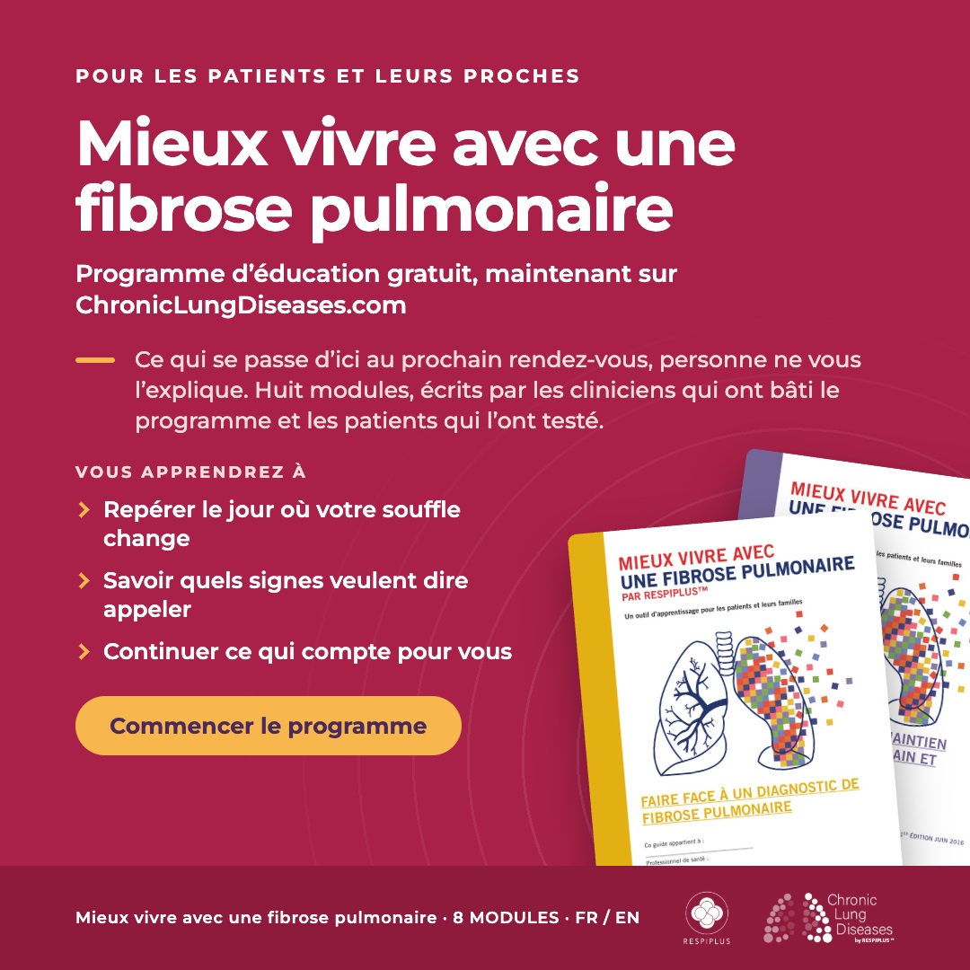 Mieux vivre avec une fibrose pulmonaire, un programme éducatif gratuit pour les patients et leurs proches, avec les couvertures des modules