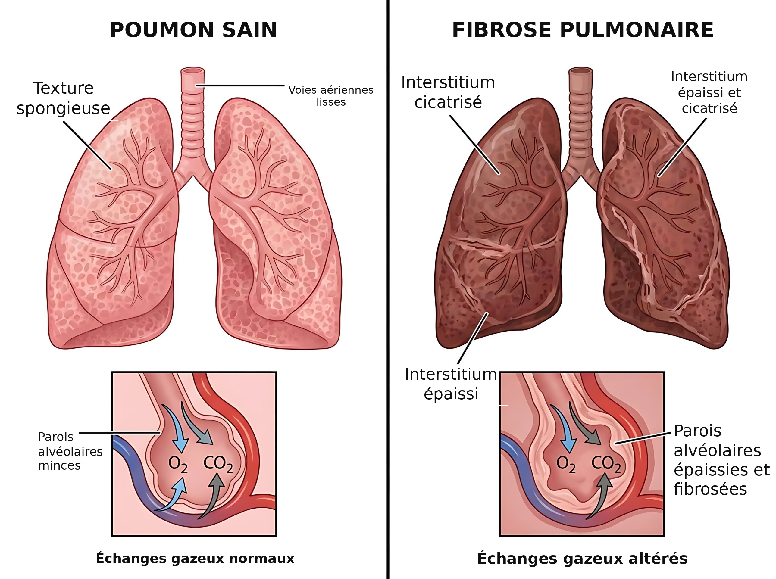 Comparaison côte à côte d'un poumon en santé et d'un poumon atteint de fibrose pulmonaire, montrant des échanges gazeux normaux et altérés.