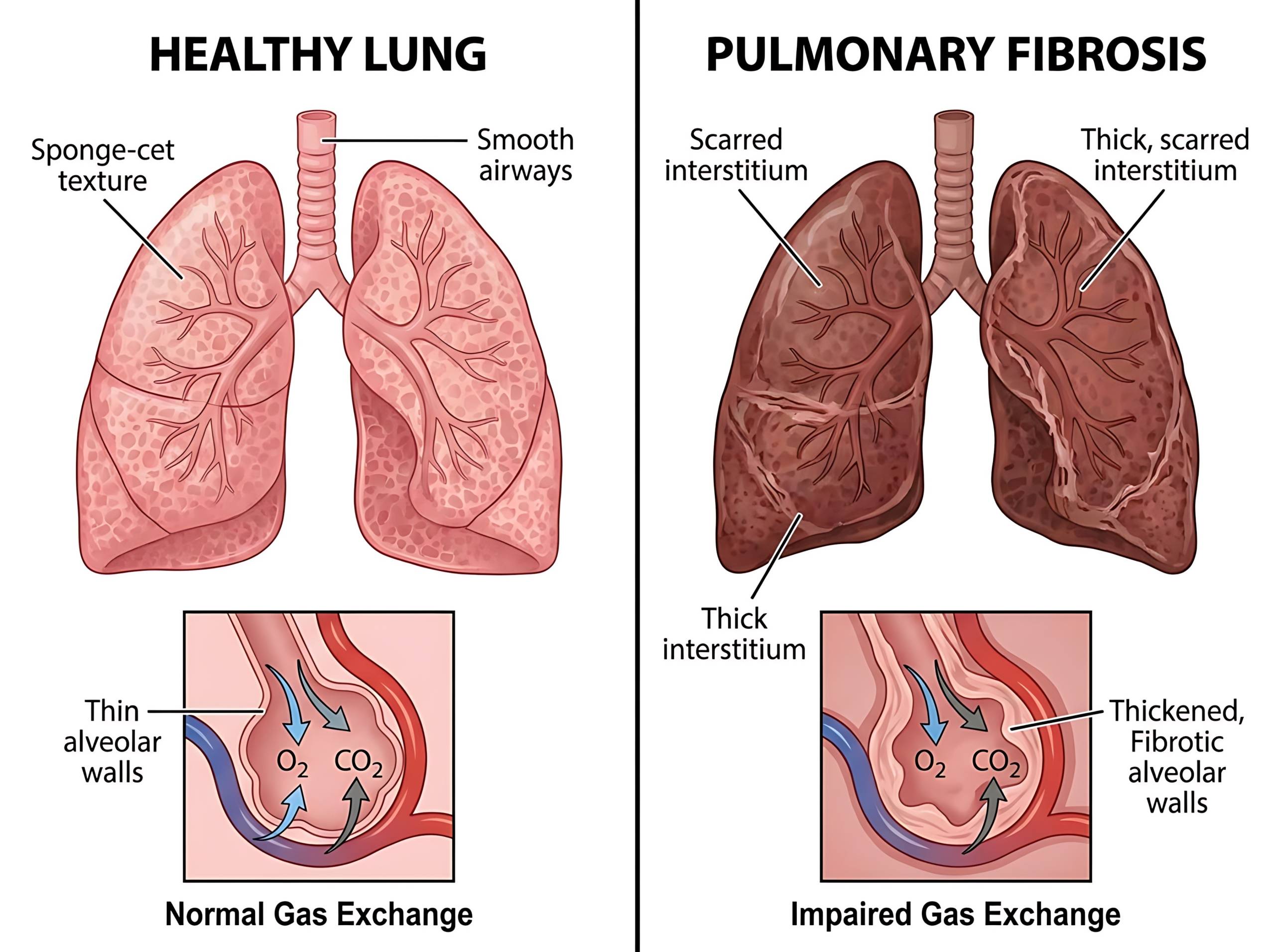 Side-by-side comparison of a healthy lung and a lung with pulmonary fibrosis. The healthy lung has smooth airways and thin alveolar walls allowing normal oxygen and carbon dioxide exchange; the fibrotic lung has a thickened, scarred interstitium and thickened alveolar walls, impairing gas exchange.